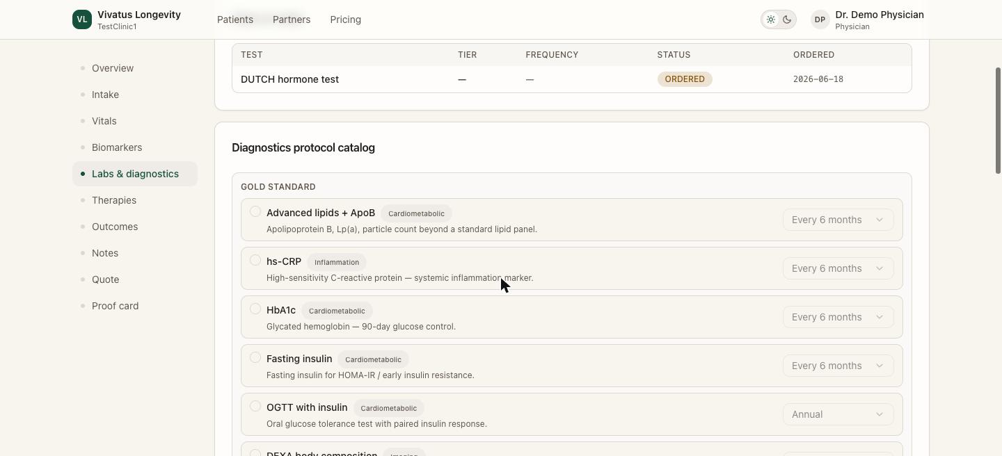 Diagnostics protocol catalog: a gold-standard tier listing advanced lipids with ApoB, hs-CRP, HbA1c, fasting insulin, and OGTT, each with its own re-test cadence.